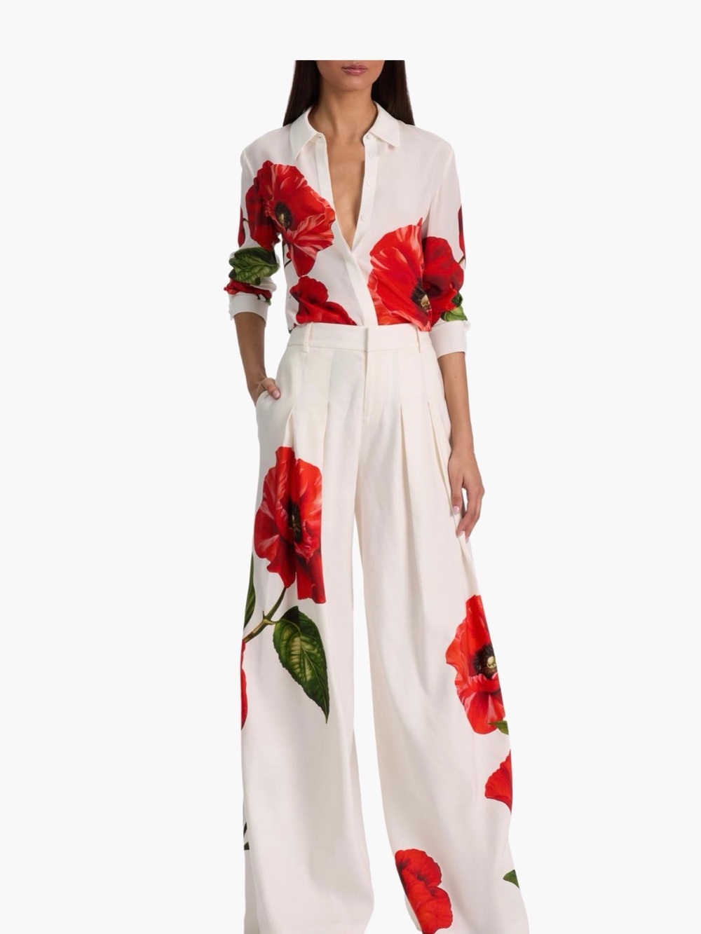 Alice + Olivia Summer 2026 Blaire Red Floral Pleated Linen High Rise Pants